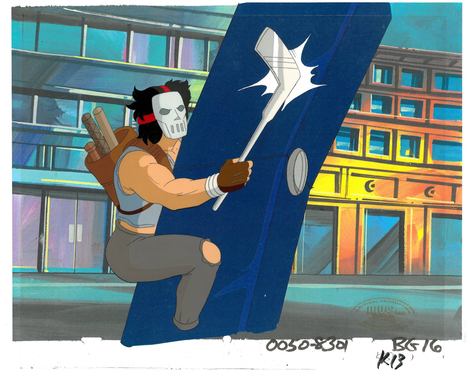 Casey Jones of (TMNT) Turtles- Original Production Cel with Official MWS Seal: An original Teenage Mutant Ninja Turtle production cel with matching drawing an MWS Seal. This cel depicts a frame from a scene in a Teenage Mutant Ninja Turtles cartoon episode. This frame features C