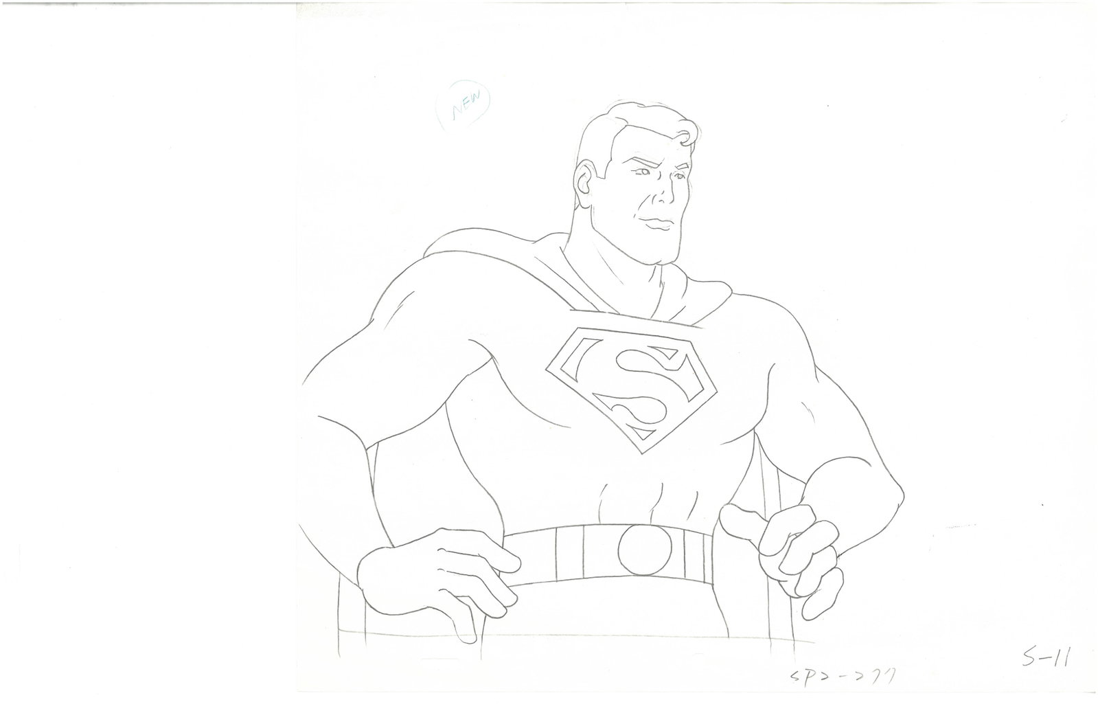 Superman- Original Production Drawing: An original production drawing of Superman. This drawing was used in the Hanna-Barbera Production of "Super Friends" animated series (1985) featuring Superman and Wonder Woman. COA