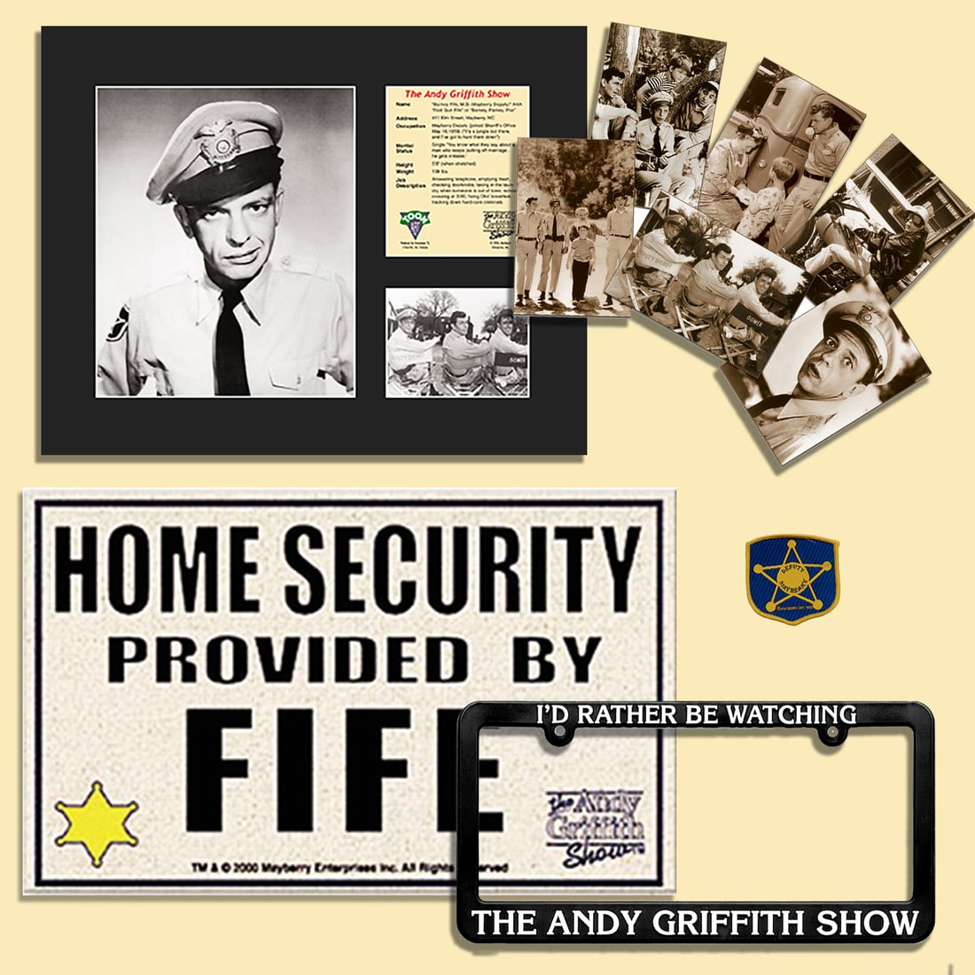 Barney Fife - 5 Piece Andy Griffith Show Collectibles Set: This 5 piece Barney Fife Bundle -includes a non-skid welcome mat entitled " Home Security By Fife " size 27" x 18," a matted limited edition lithograph of Barney Fife, a License Plate Holder ( I'd Rat