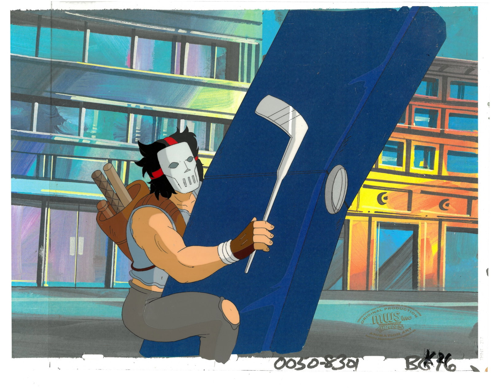 TMNT - Casey Jones - Original Production Cel with MWS Seal: An original Teenage Mutant Ninja Turtle production cel with MWS Seal. This cel depicts a frame from a scene in a Teenage Mutant Ninja Turtles cartoon episode. This frame features Casey Jones . Is prod