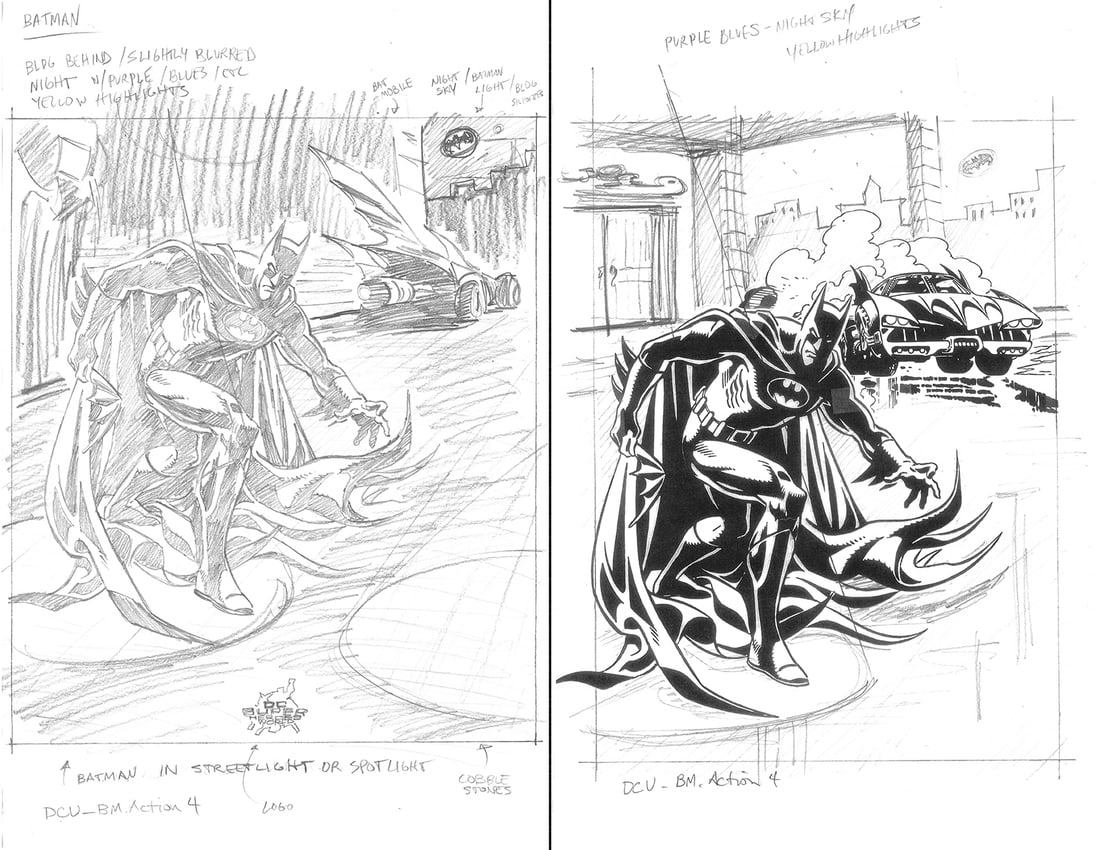 Batman -2 Prototype Drawings - Madrid Theme Park: 2 Batman protoype drawings created for a lithograph featuring Batman and the Batmobile at the Madrid Theme Park. Measures 11x17