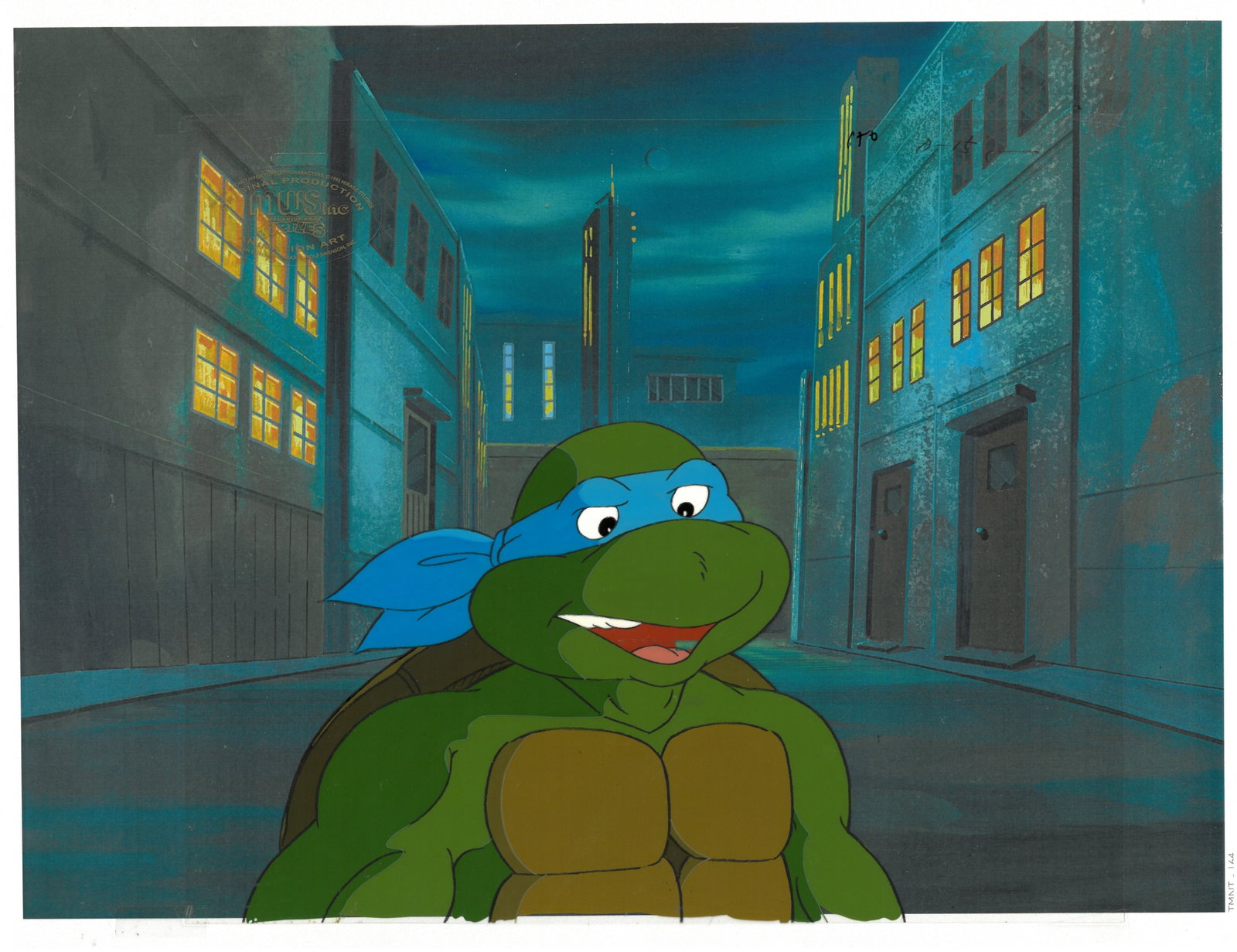 Leonardo Original Production Cel with Official MWS Seal: An original Teenage Mutant Ninja Turtle production cel with MWS Seal. This cel depicts a frame from a scene in a Teenage Mutant Ninja Turtles cartoon episode. This frame features Leonardo . Is produce