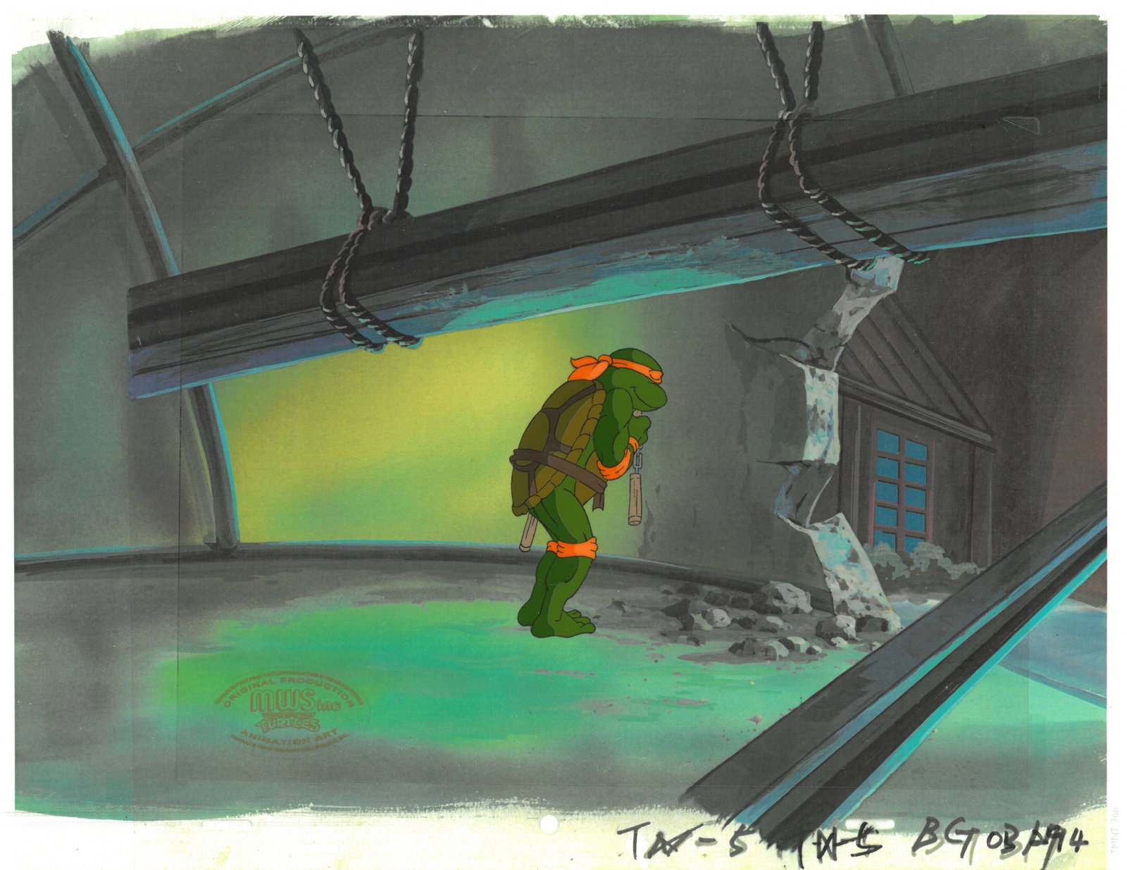 Michelangelo of (TMNT) Turtles- Original Production Cel with MWS Seal: An original Teenage Mutant Ninja Turtle production cel with MWS Seal. This cel depicts a frame from a scene in a Teenage Mutant Ninja Turtles cartoon episode. This frame features Michelangelo. Is prod