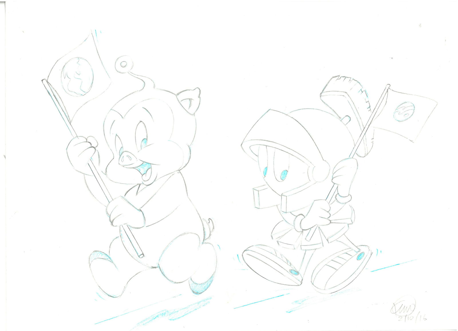 Marvin Martian and Porky Drawing Created and Signed by Kirk Mueller (1 of 1)