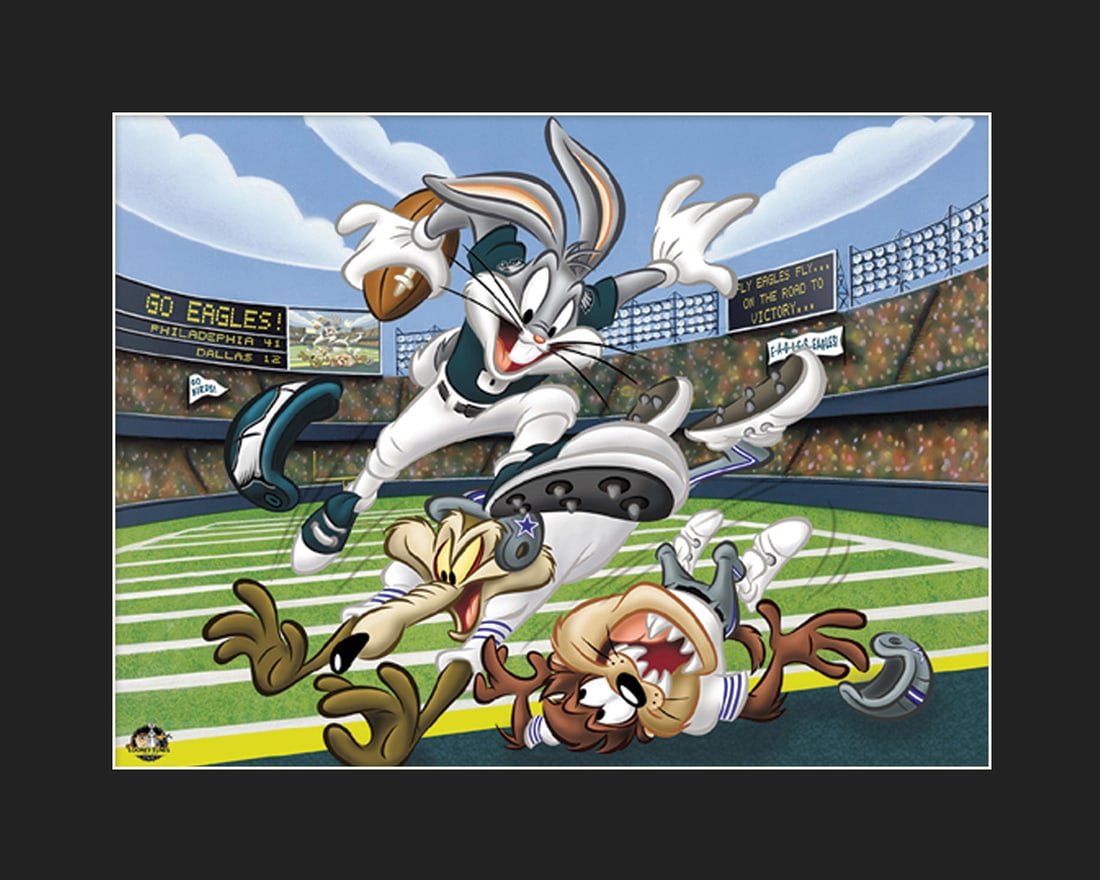 Philadelphia Eagles and Bugs Bunny -Warner Bros. Lithograph- Matted 16x20: A Warner Bros. lithograph entitled " Touch Down Bugs " featuring Bugs Bunny as a Philadelphia Eagle player busting through the defense - Wile E Coyote, and Taz. Licensed. Comes matted with a certifica