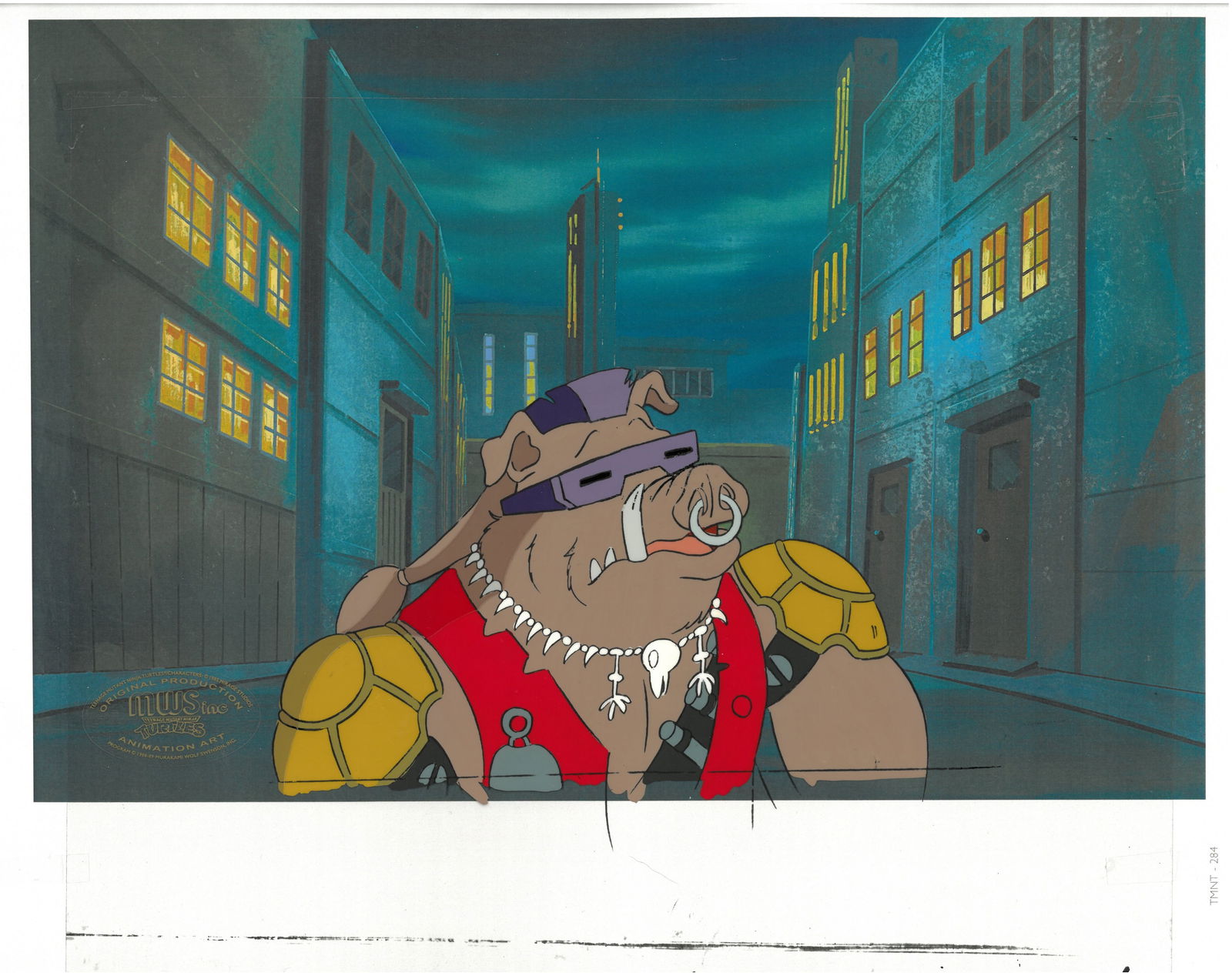 Bebop of (TMNT) Turtles- Original Production Cel with Official MWS Seal: An original Teenage Mutant Ninja Turtle production cel with official MWS Seal. This cel depicts a frame from a scene in a Teenage Mutant Ninja Turtles cartoon episode. This frame features Bebop . Is p