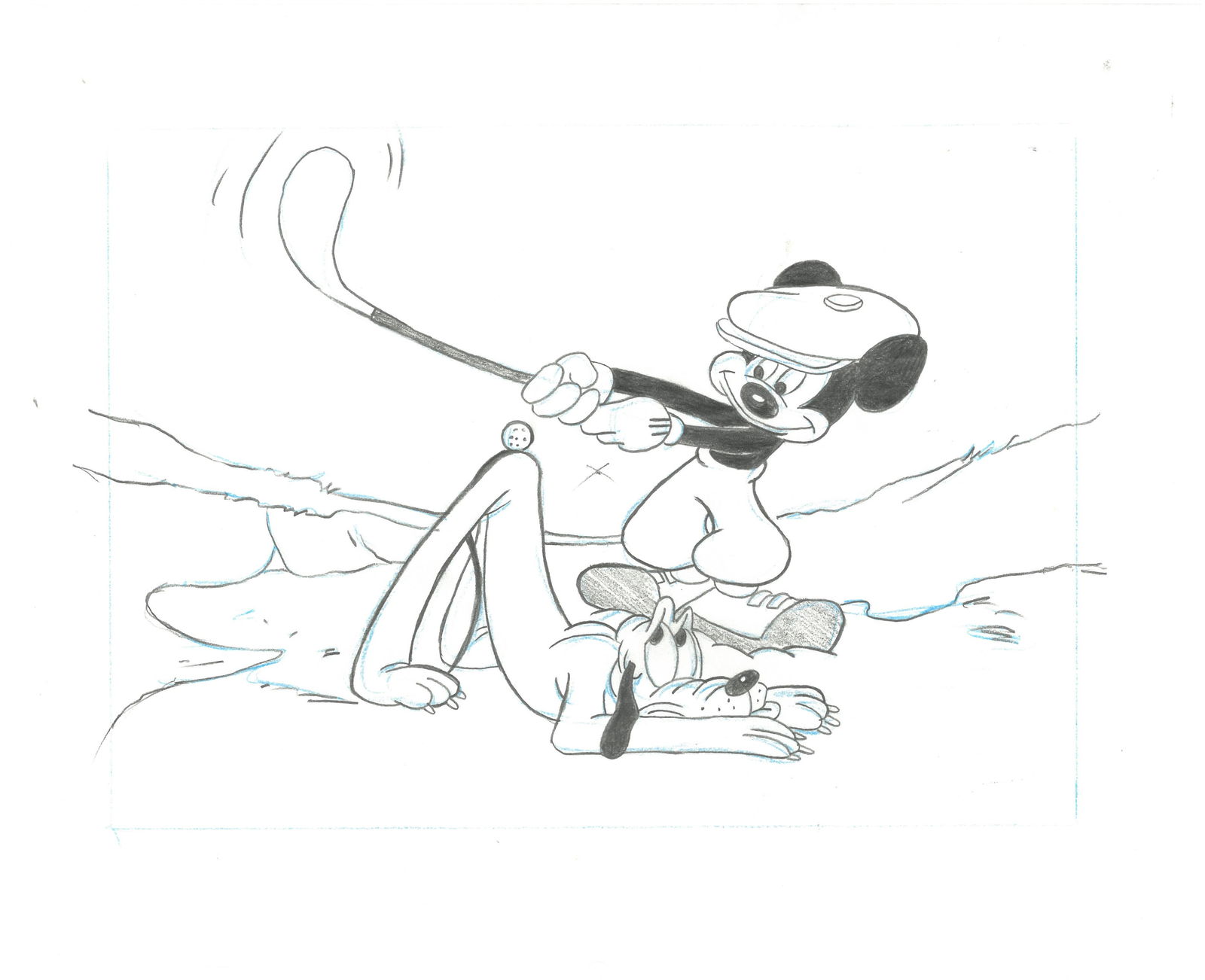 Mickey Mouse and Pluto- Paul Carlson Disney Animator Drawing: A black and white linear animator's drawing by Disney's deceased animator Paul Carlson titled "A Round of Golf with Mickey and Pluto " featuring Mickey Mouse and Pluto. Paul Carlson, after joining Dis