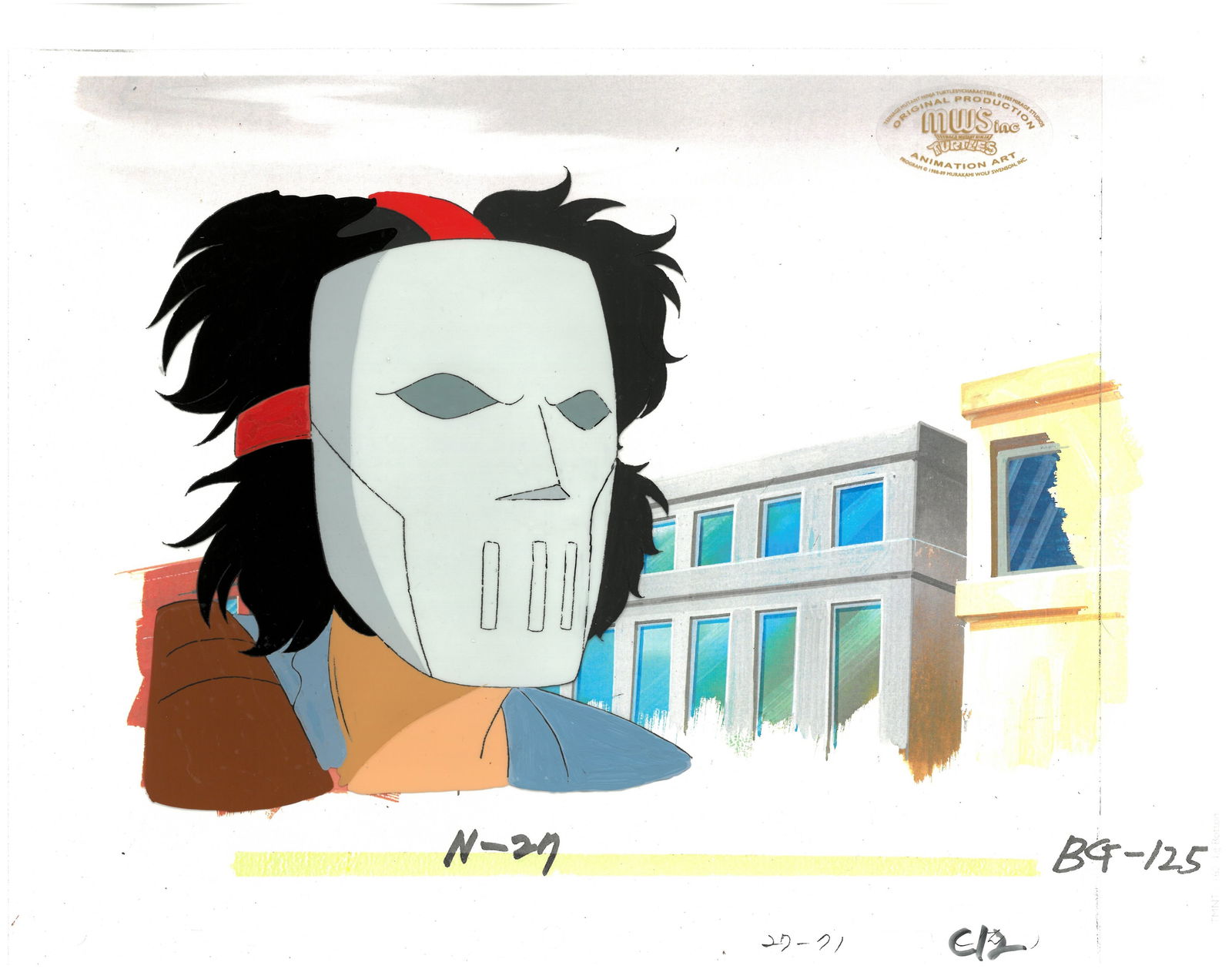 Casey Jones(TMNT) Turtles-Original Production Cel with MWS Seal: An original Teenage Mutant Ninja Turtle production cel with MWS Seal. This cel depicts a frame from a scene in a Teenage Mutant Ninja Turtles cartoon episode. This frame features Casey Jones . Is prod