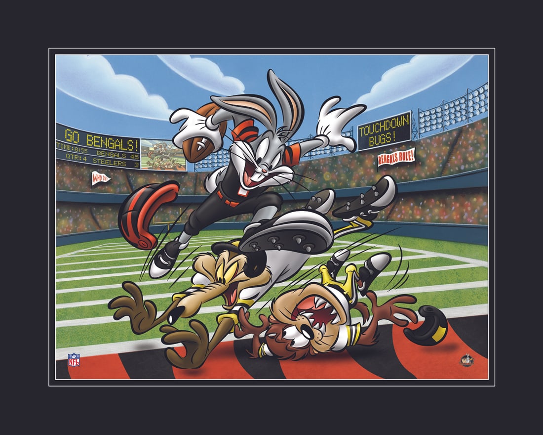 Cincinnati Bengals and Bugs Bunny -Warner Bros. Litho- Matted 16x20: A Warner Bros. lithograph entitiled " Touch Down Bugs " featuring Bugs Bunny as a Cincinnati Bengals player busting through the defense - Wile E Coyote, and Taz. Licensed. Comes Matted with a certific
