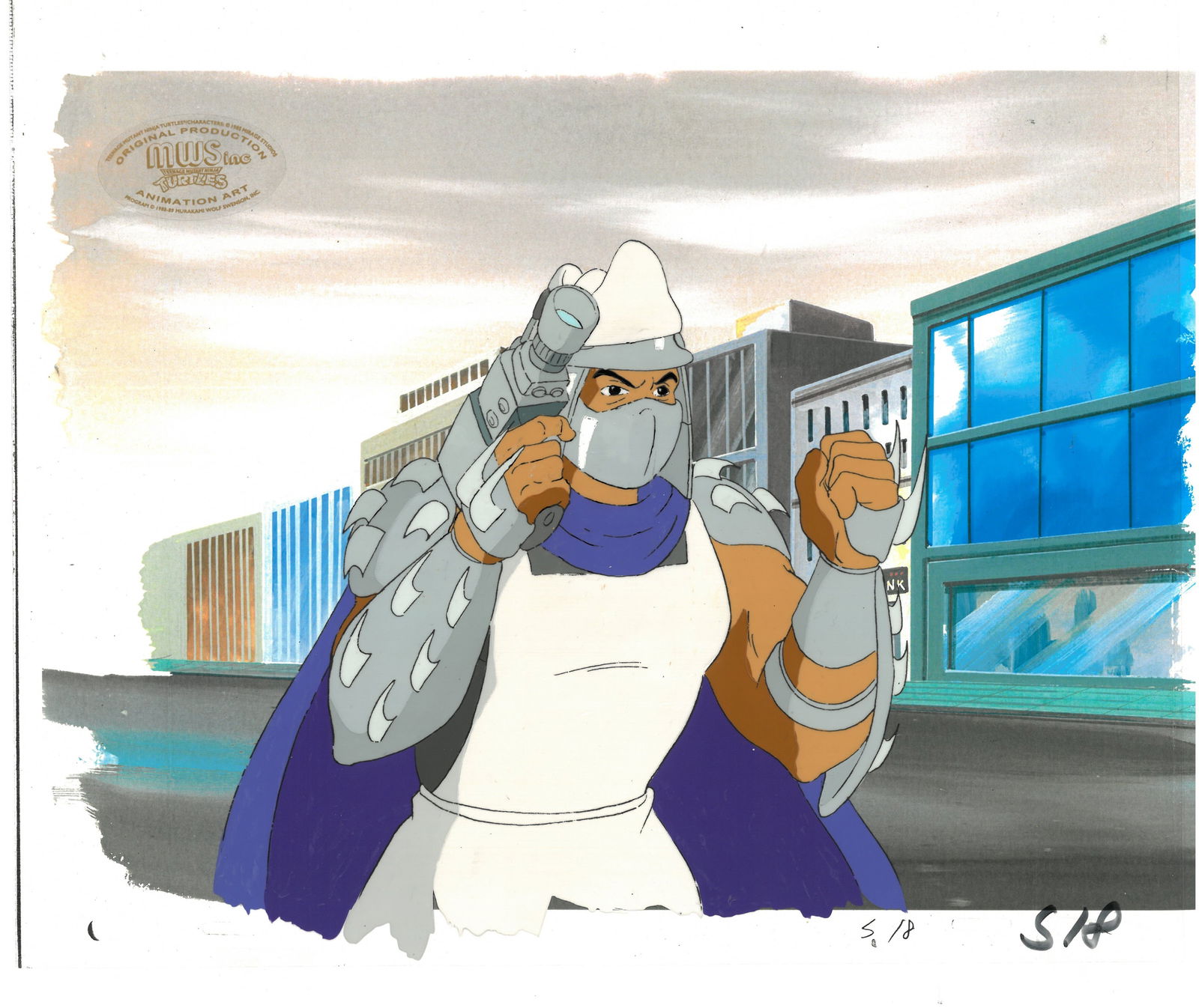 Shredder of (TMNT) Turtles- Original Production Cel with MWS Seal: An original Teenage Mutant Ninja Turtle Production Cel with MWS Seal.This cel depicts a frame from a scene in a Teenage Mutant Ninja Turtles cartoon episode. This frame features Shredder . Is produced