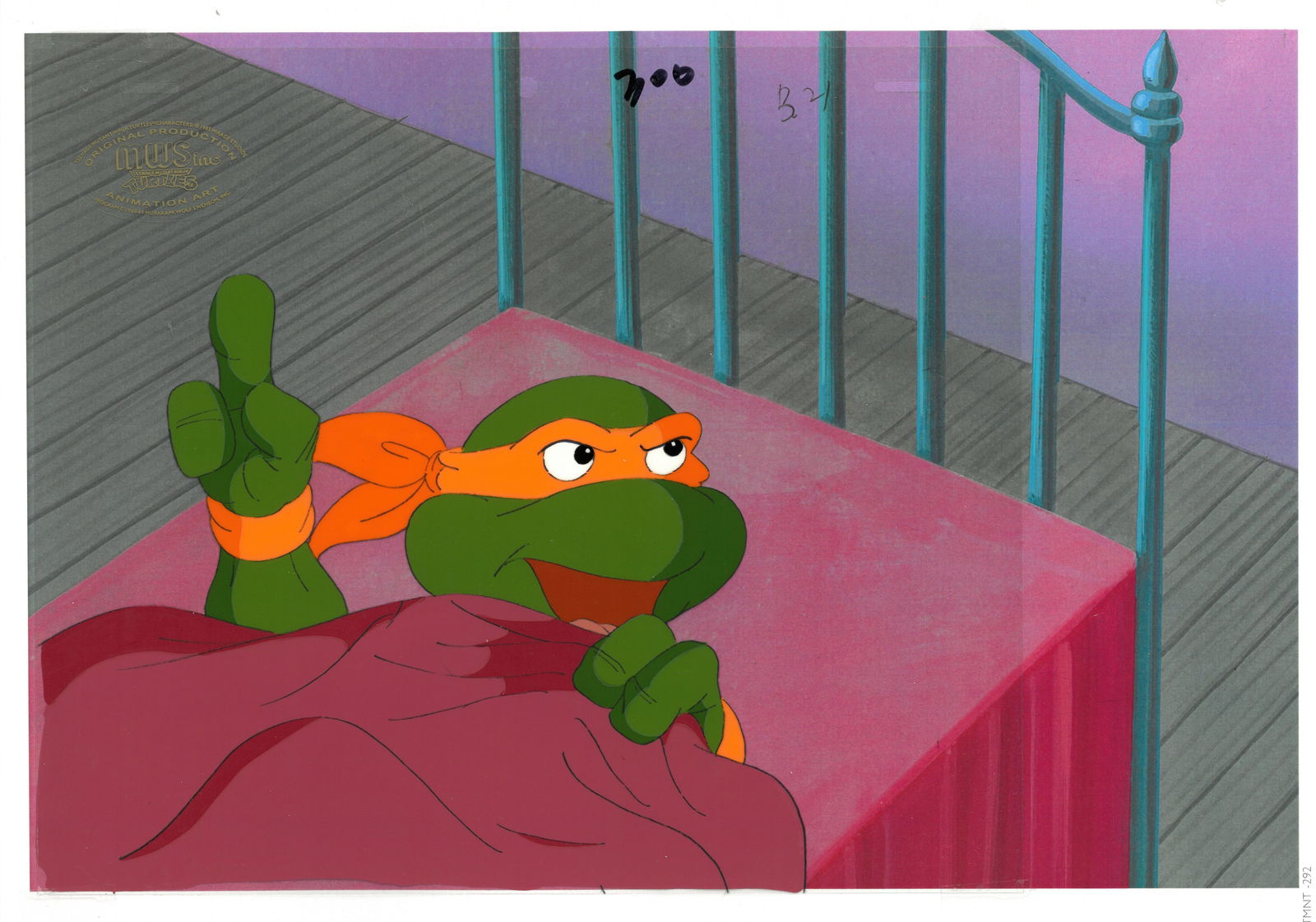 Michelangelo of (TMNT) Turtles- Original Production Cel with MWS Seal: An original Teenage Mutant Ninja Turtle production cel with MWS Seal. This cel depicts a frame from a scene in a Teenage Mutant Ninja Turtles cartoon episode. This frame features Michelangelo . Is pro