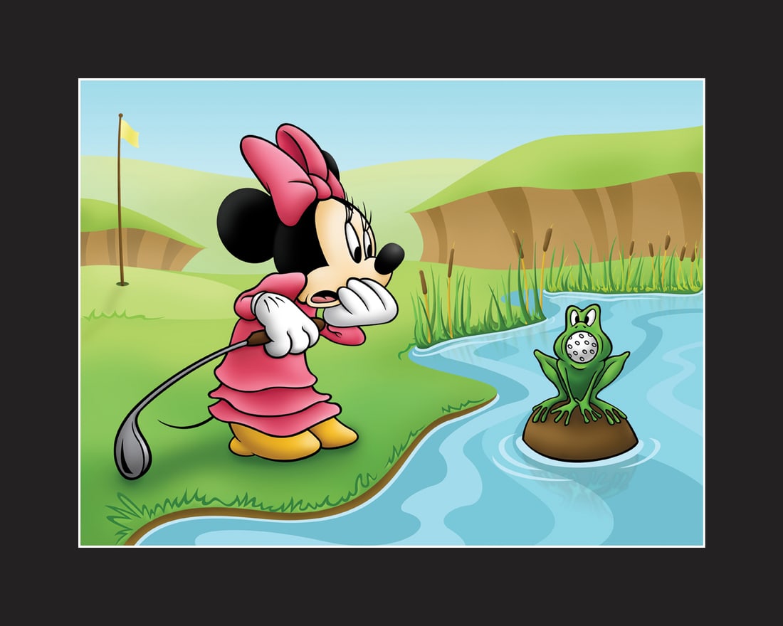 Minnie Mouse - Ball Retrieval - Fine Art Lithograph -Matted 16x20: " Ball Retrieval " is a 16x20 fine art lithograph featuring Minnie Mouse playing golf. Presented Matted -Includes COA The edition number shown in the image may not be the number you receive.