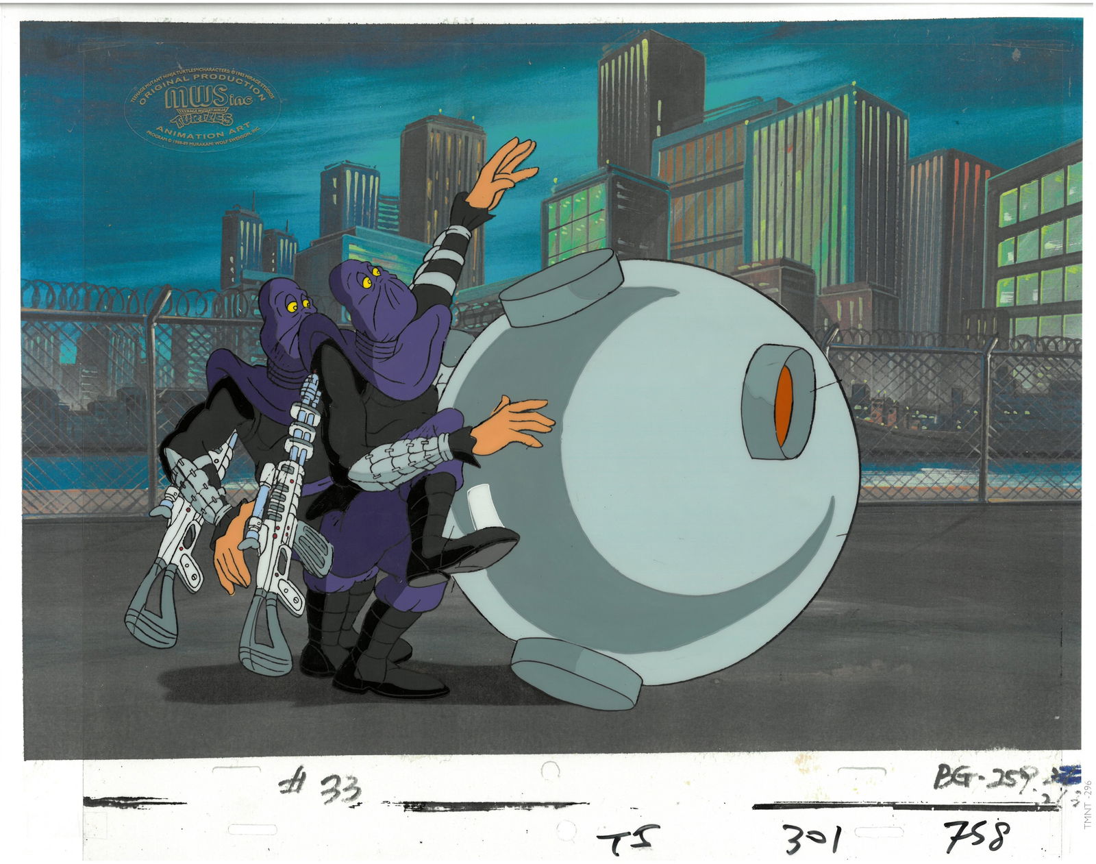 Foot Clan of (TMNT) Turtles- Original Production Cel with Official MWS Seal: An original Teenage Mutant Ninja Turtle production cel with official MWS Seal. This cel depicts a frame from a scene in a Teenage Mutant Ninja Turtles cartoon episode. This frame features 2 members of
