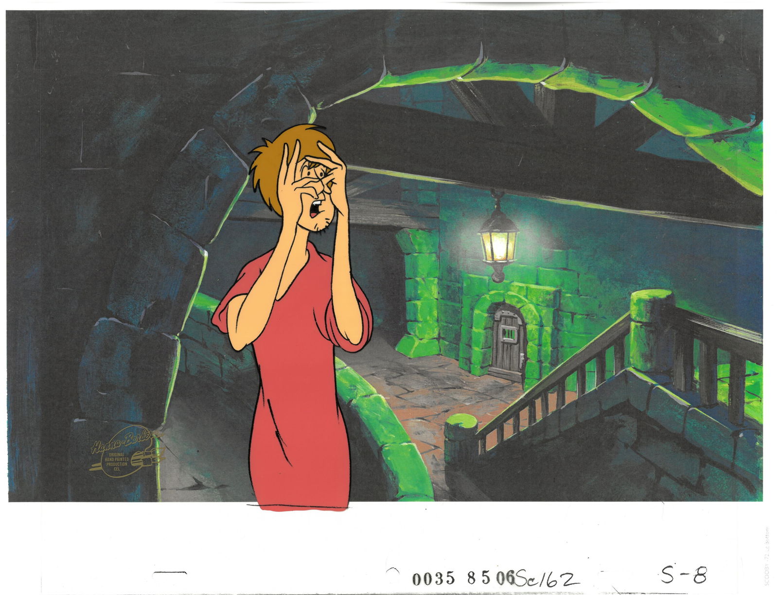 Scooby-Doo-Shaggy Production with Matching Drawings from 13 Ghosts of Scooby-Doo(1985) with: An original production set-up with matching drawing, official Hanna-Barbera seal and lithograph background from the Hanna Barbera Studios animated television series " 13 Ghosts of Scooby-Doo " (1985.)
