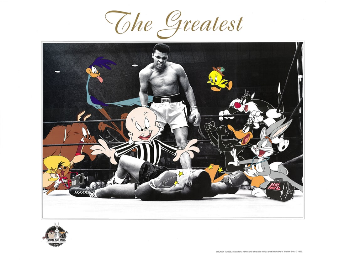Muhammad Ali - Looney Tunes -The Greatest - Lithograph: A lithograph entitled " The Greatest. " This Looney Tunes inspired edition features the photo of the rematch between Muhammed Ali and Sonny Liston. Photo was taken on May 25, 1965 when a 23 year-old M