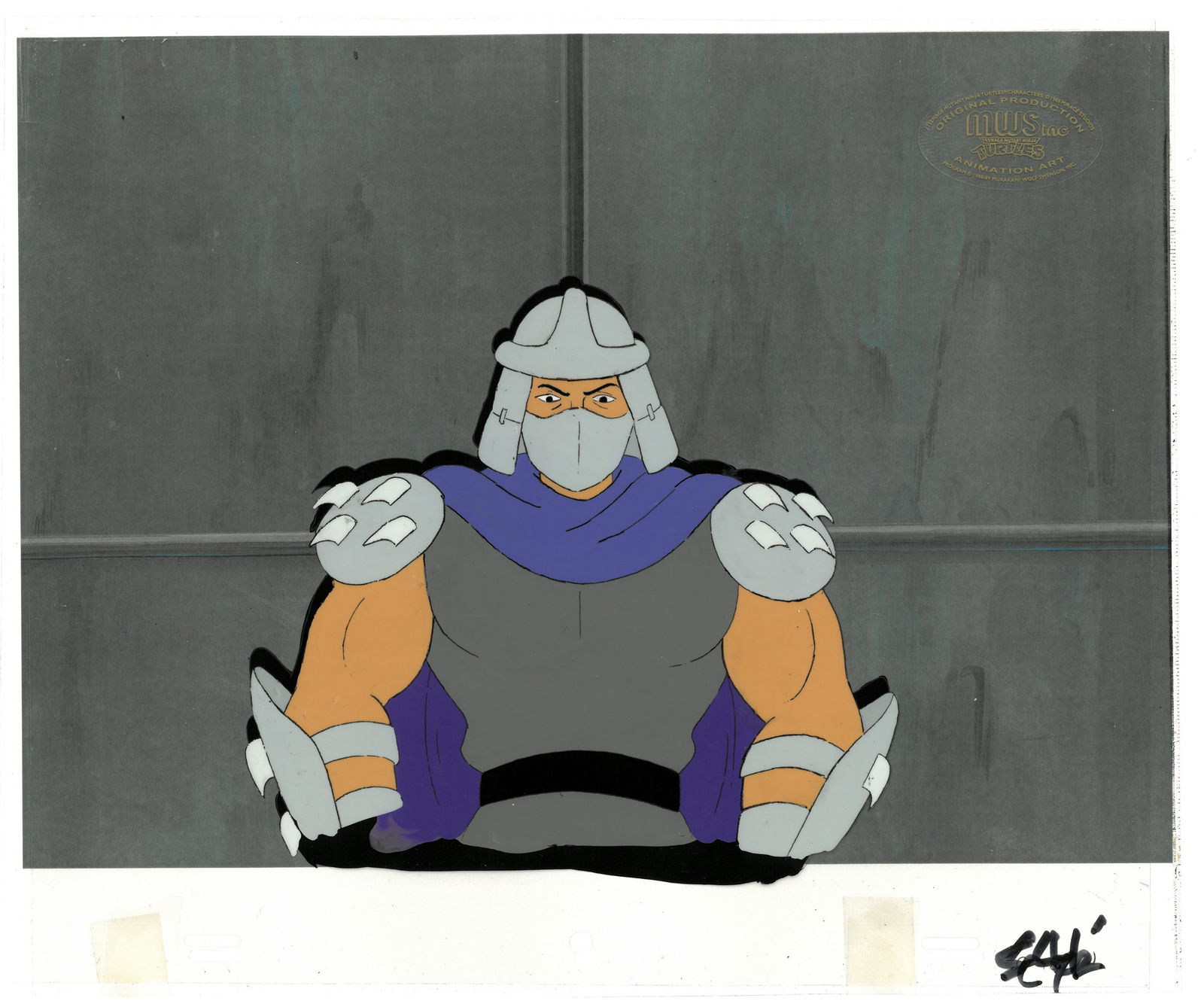 Shredder of (TMNT) Turtles- Original Production Cel with MWS Seal: An original Teenage Mutant Ninja Turtle Production Cel with MWS Seal. This cel depicts a frame from a scene in a Teenage Mutant Ninja Turtles cartoon episode. This frame features Shredder . Is produce