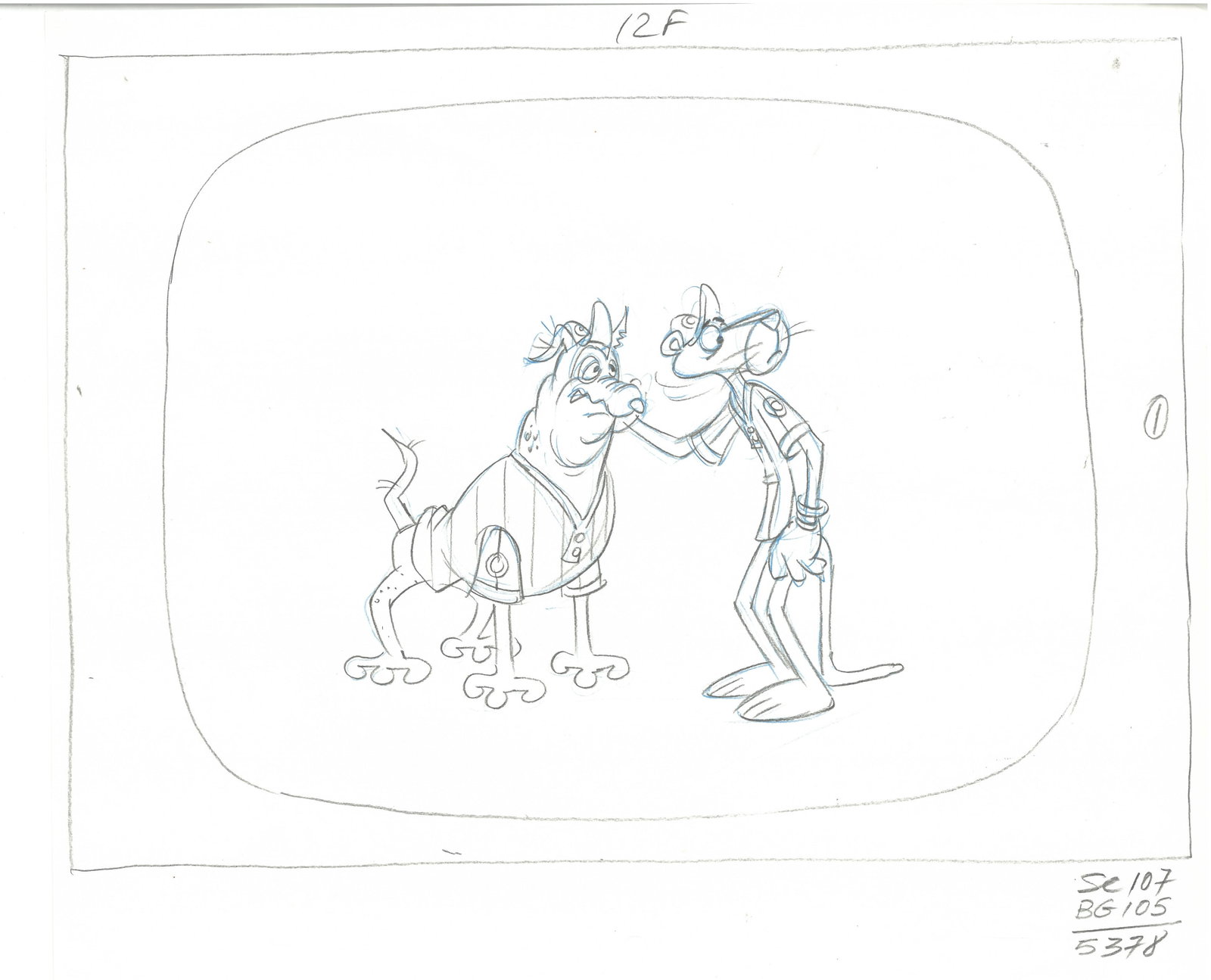 2 Original Pink Pather Production Drawings with Notations: 2 12-field original production drawings featuring Pink Panther . Production notes on the bottom of each. Produced by Playhouse Pictures Hollywood, created and by cartoonist and animator Scott Shaw. Pl