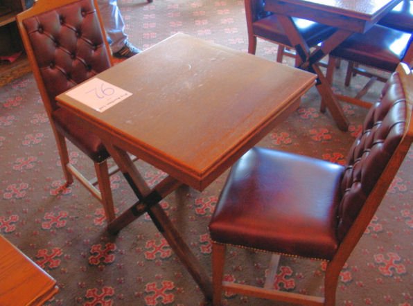 TABLE AND CHAIRS: Two seater solid wooden dining table 680mm x 680mm complete with two solid back burgundy leather chairs