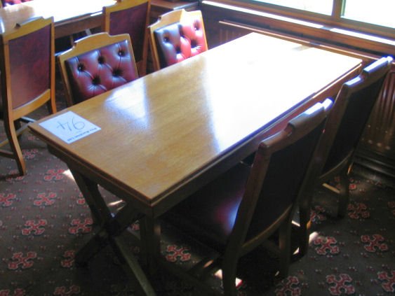 TABLE AND CHAIRS: Four seater solid wooden dining table 1.5m x 680mm complete with four solid back burgundy leather chairs