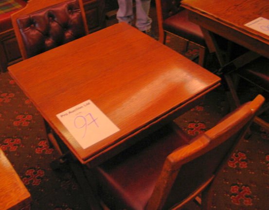 TABLE AND CHAIRS: Two seater solid wooden dining table 680mm x 680mm complete with two solid back burgundy leather chairs