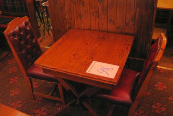 TABLE AND CHAIRS: Two seater solid wooden dining table 680mm x 680mm complete with two solid back burgundy leather chairs