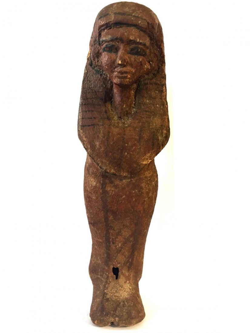 ANCIENT EGYPTIAN WOOD USHABTI: Ancient Egyptian Wood Ushabti Late Period,probably 664 - 343 BC. Ex United Kingdom collector Size : 20cm x 6cm