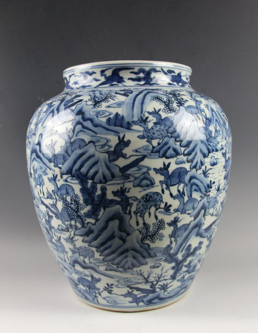 CHINESE BLUE WHITE LANDSCAPE PORCELAIN JAR: Mouth diameter: 7.7 inches. Height: 13 inches. Mouth diameter: 19.5cm Height: 33cm. Provenance: From the collections of Mr. Ross from New York.