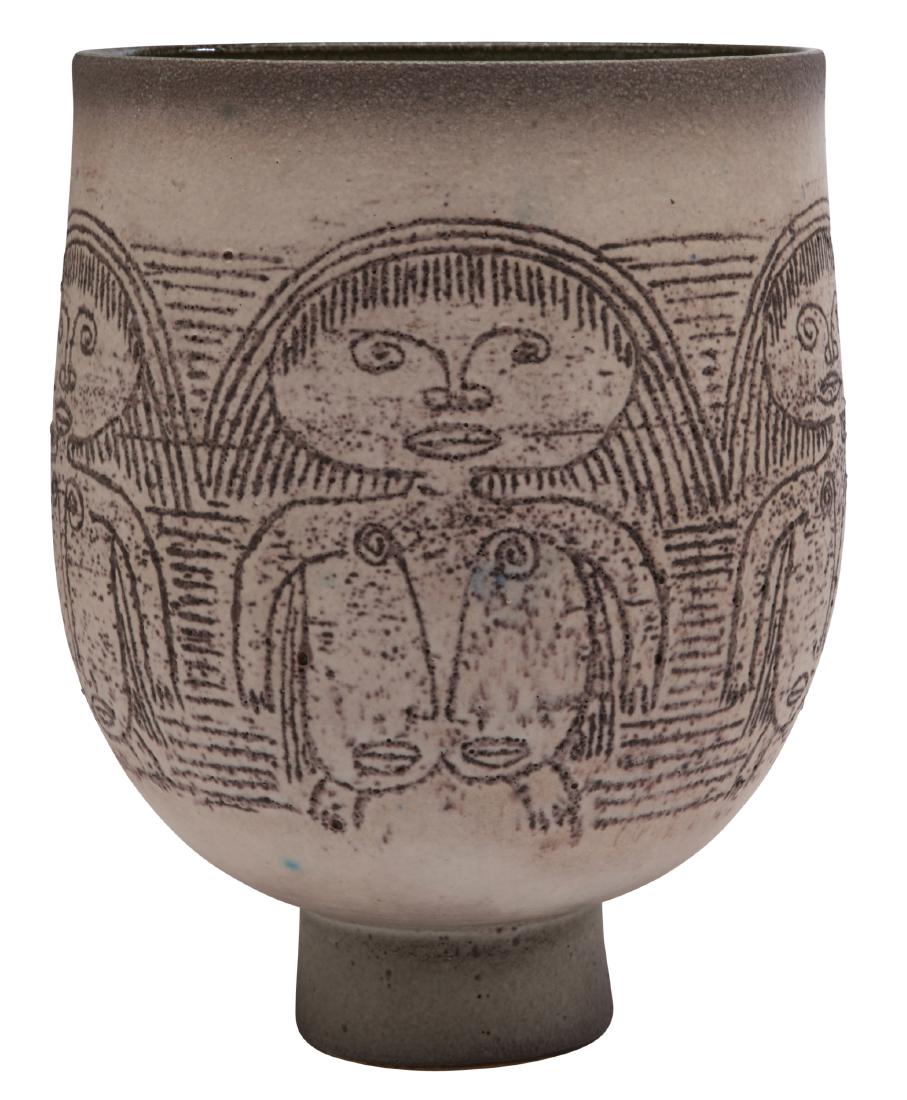 Edwin and Mary Scheier vase: Edwin and Mary Scheier vase Manchester, NH carved and glazed ceramic signed 9.5"h x 7.5"dia Provenance: a Midwest collection