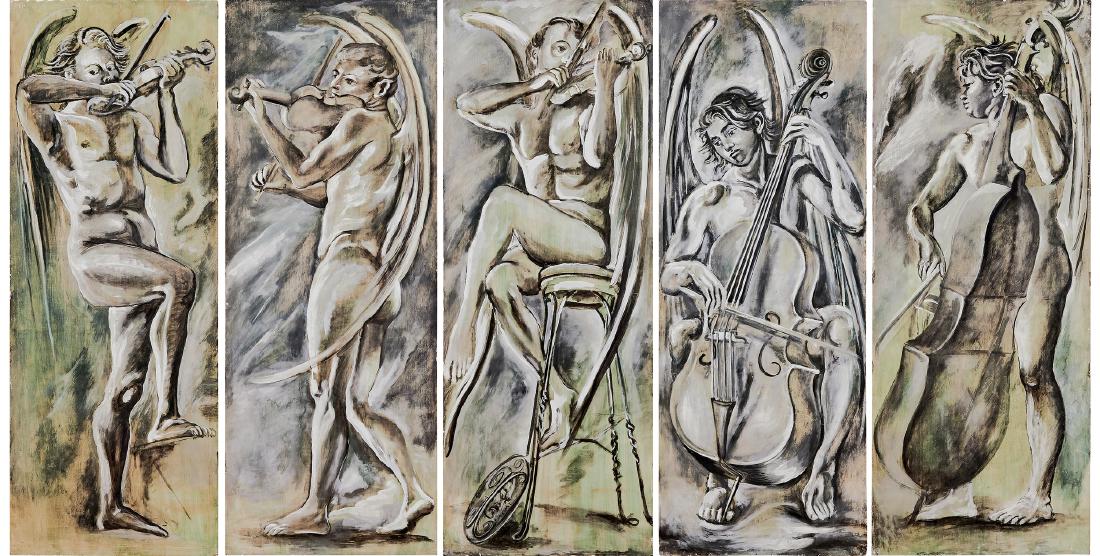 Federico Cantu oil on board: Federico Cantu (Mexican, 1907-1989) mural series of five panels oil on wood signed each 72"h x 27.5"w