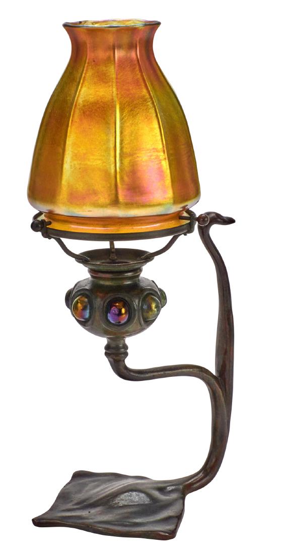 Tiffany Studios jeweled chamber stick: Tiffany Studios jeweled chamber stick New York, NY Favrile glass, bronze impressed marks 13"h x 7"w