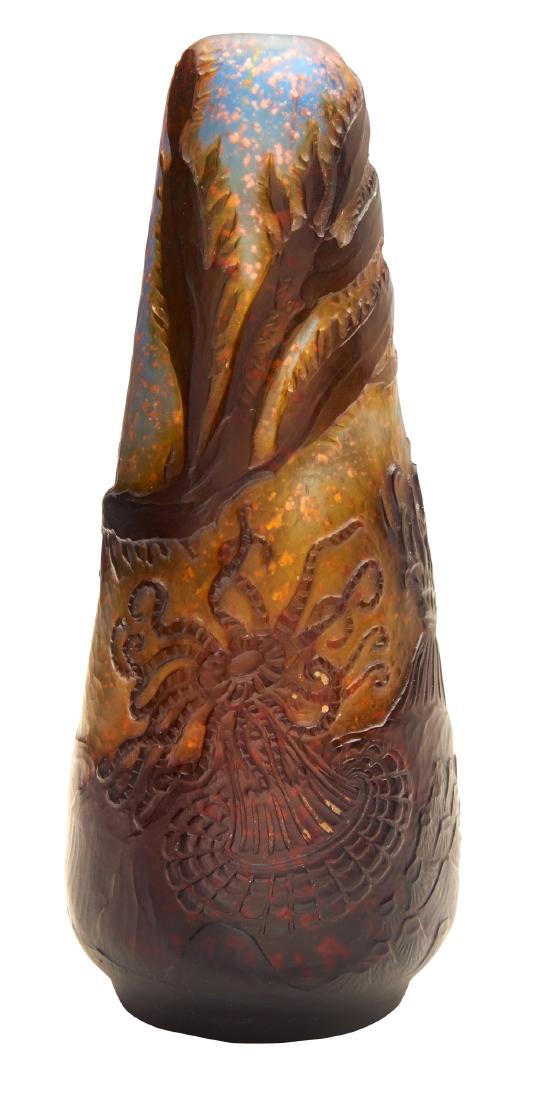 Galle Marine vase: Galle Marine vase Nancy, France internally decorated with metallic inclusions, hammered and carved glass engraved signature 5.5"h x 2.5"dia