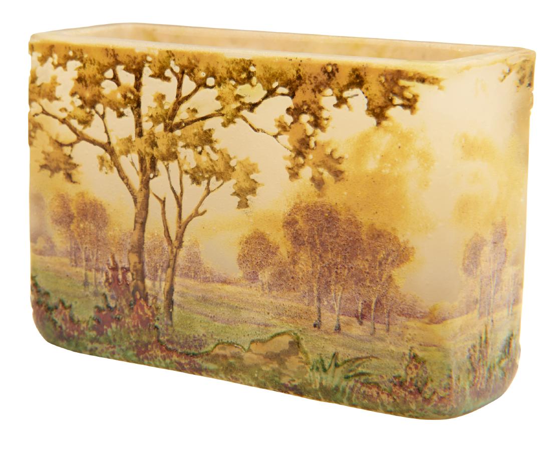 Daum Landscape vase: DaumLandscape vaseNancy, Francecameo cut and enameled glasssigned2.5"h x 1"d x 3.5"w