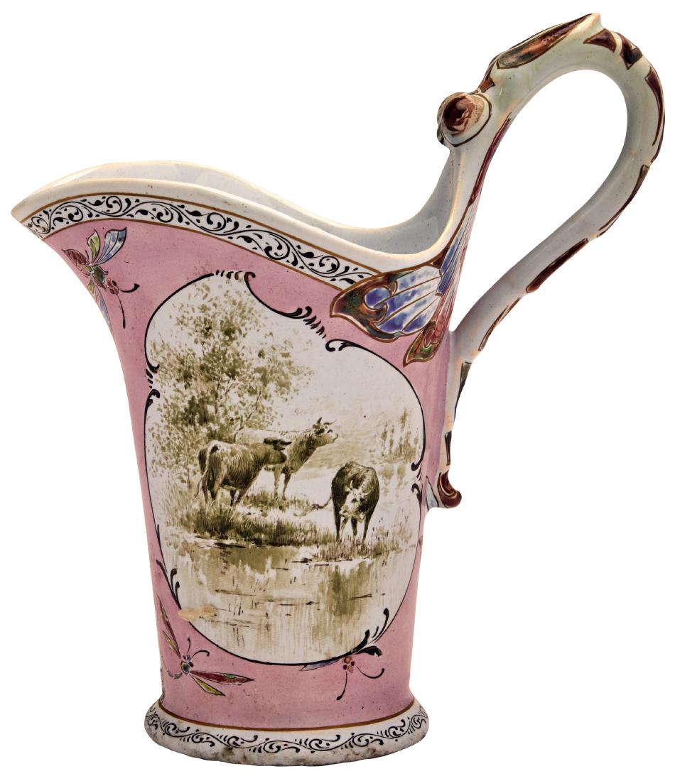 Galle pitcher: Galle pitcher Nancy, France enameled ceramic signed 5.5"h x 5"w