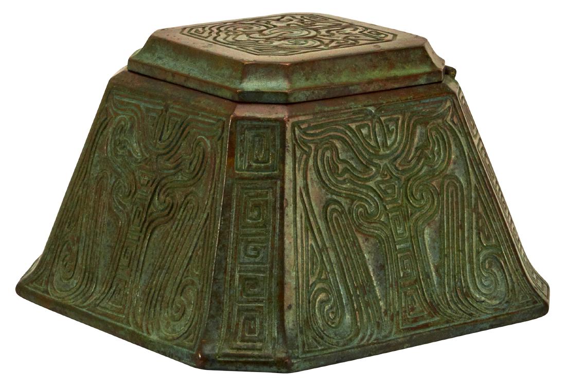 Tiffany Studios Indian inkwell: Tiffany Studios Indian inkwell New York, NY bronze impressed marks 3"h x 5"w