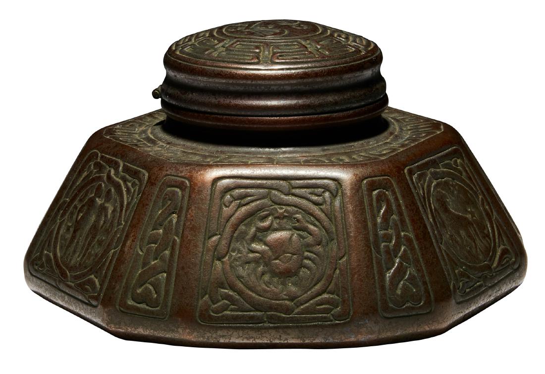 Tiffany Studios Zodiac inkwell: Tiffany Studios Zodiac inkwell New York, NY bronze impressed marks 3.5"h x 6.5"dia