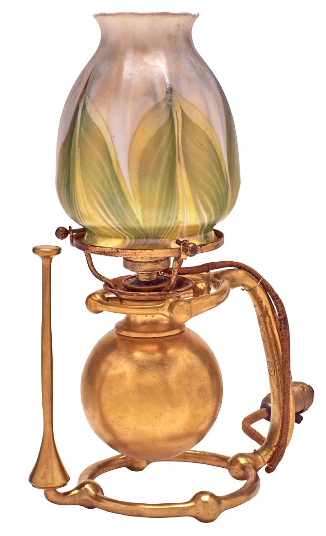Tiffany Studios chamber stick lamp: Tiffany Studios chamber stick lamp New York, NY Favrile glass, bronze impressed marks 11"h x 6.5"w