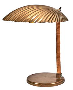 Paavo Tynell Shell lamp Finland, c. 1940: Paavo TynellShell lampFinland, c. 1940brass, rattanbrass tag11"h x 9.5"dia