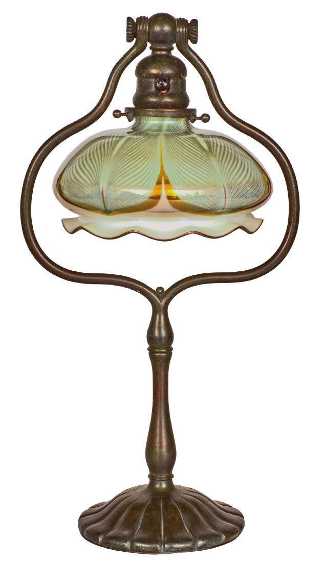 Tiffany Studios Harp lamp: Tiffany Studios desk lamp New York, NY glass, bronze base and shade signed, Quezal shade 17.5"h x 9.5"w