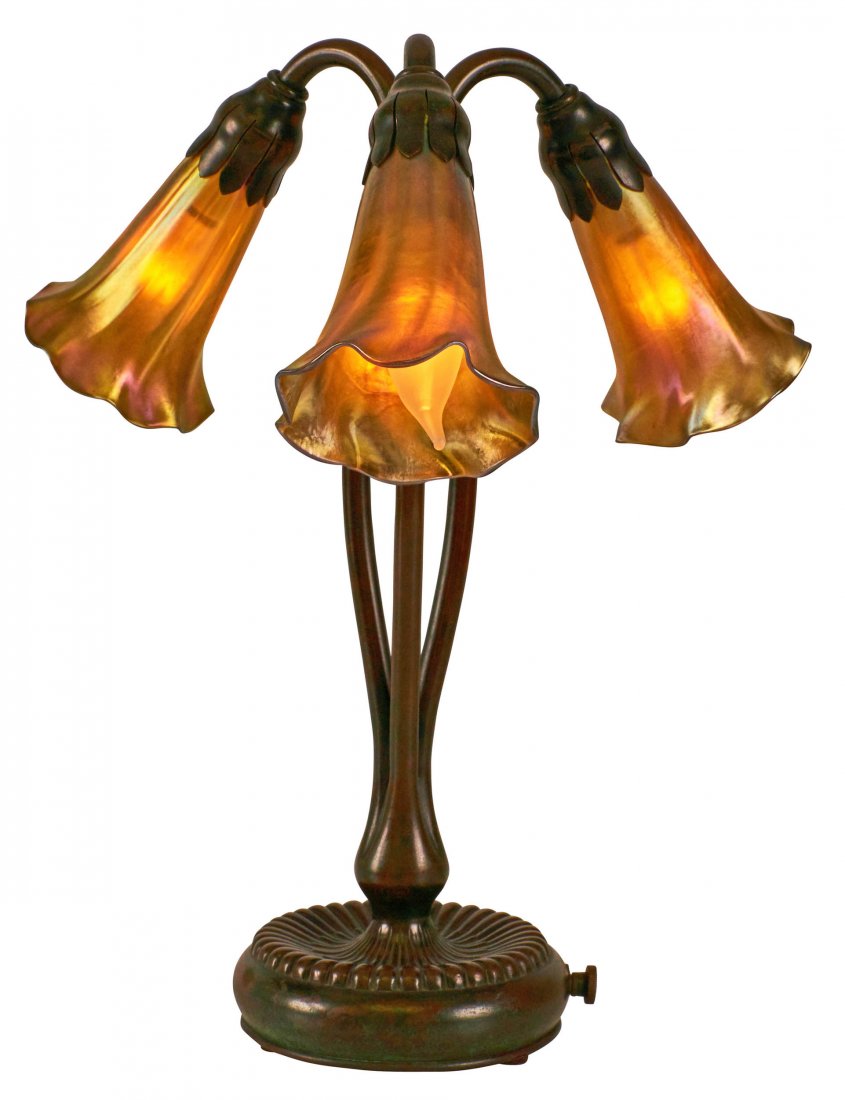 Tiffany Studios Lily lamp: Tiffany Studios Lily lamp New York, NY Favrile glass, bronze shades and base signed 12.5\"h x 10\"dia