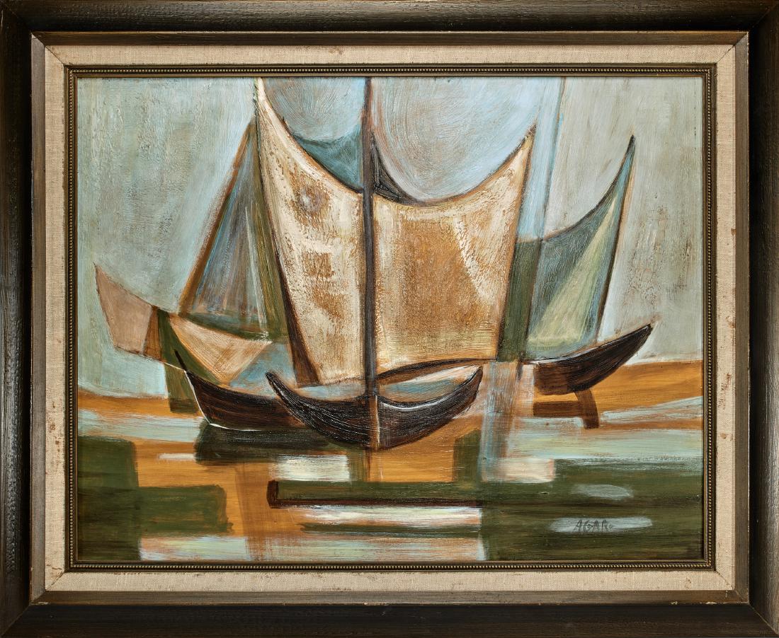 Eileen Agar (Argentinian/British, 1899-1991): Eileen Agar (Argentinian/British, 1899-1991)Moonlit Sails, c. 1980oil on boardsigned23.5"h x 30.5"woverall: 31.5"h x 38.5"w