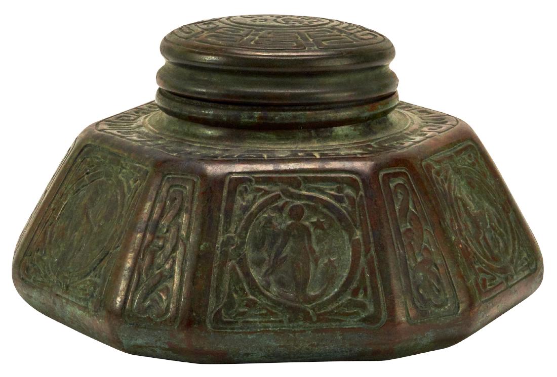 Tiffany Studios Zodiac inkwell: Tiffany Studios Zodiac inkwell New York, NY bronze impressed marks 3.5"h x 6.5"dia