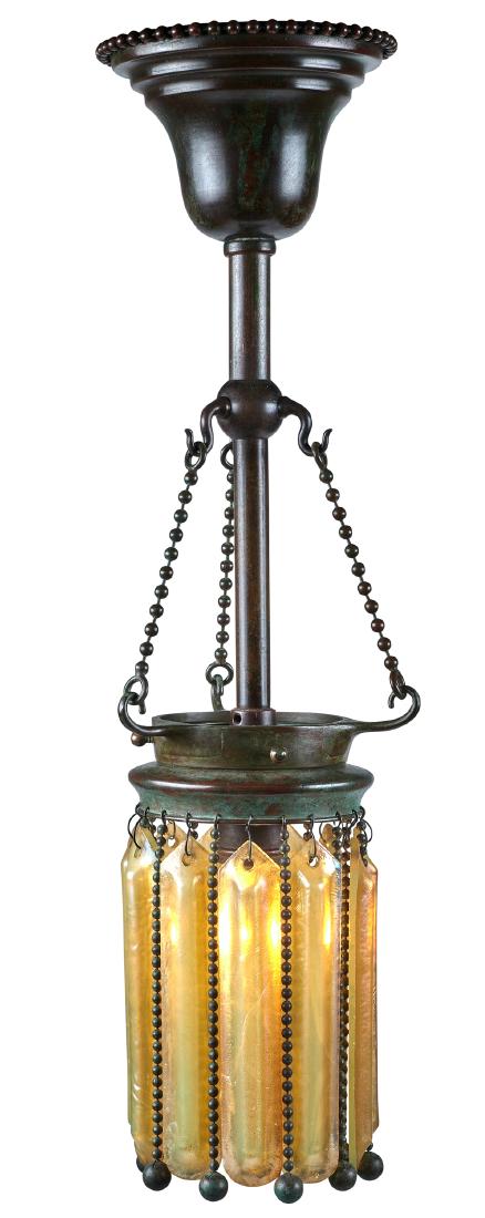Tiffany Studios hanging fixture: Tiffany Studios hanging fixture New York, NY Favrile glass, bronze unmarked 20"h x 5.5"dia