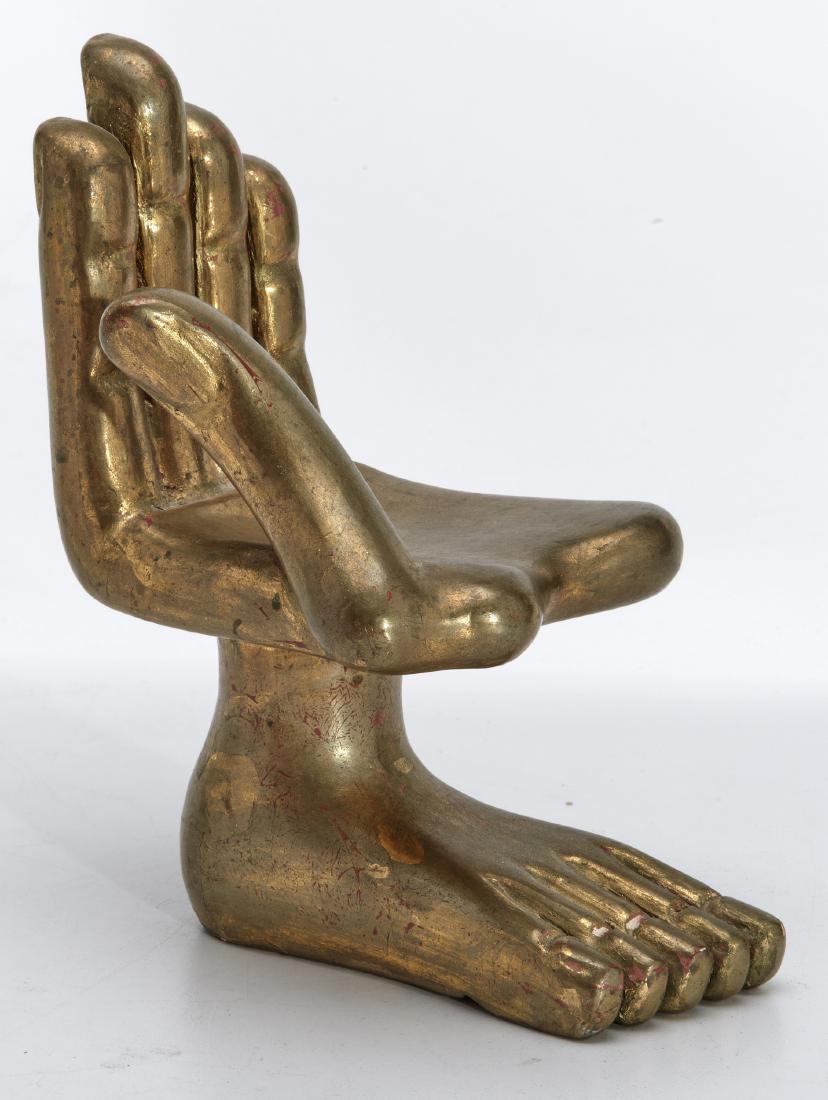 Pedro Friedeberg (Mexican/American b. 1936) Hand and: Pedro Friedeberg (Mexican/American b. 1936)Hand and Foot Miniature Chair, c. 1960carved and gilt Mexican mahoganysigned6h x 3.5w x 5d inches