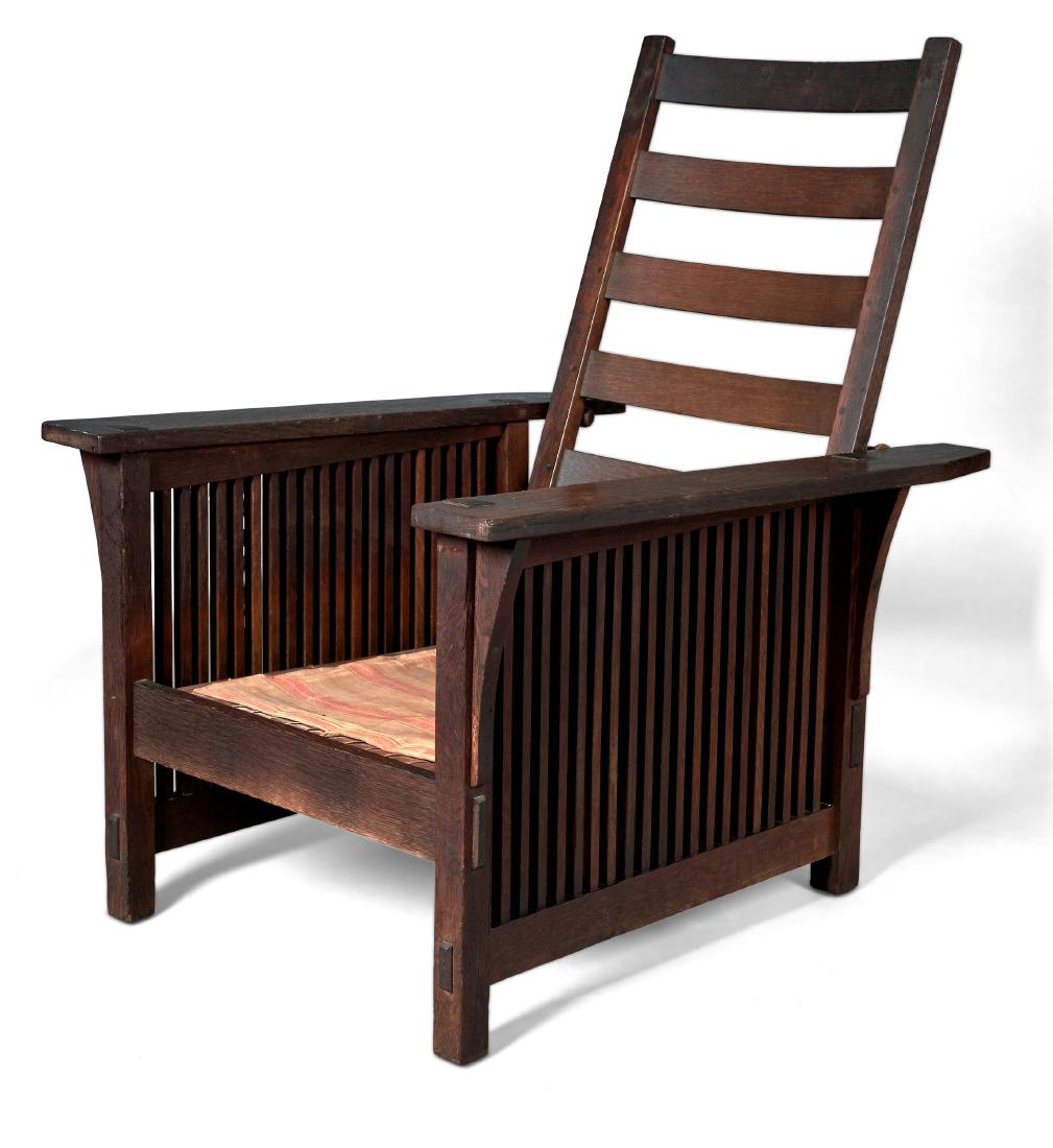 Gustav Stickley Morris chair: Gustav Stickley Morris chair Syracuse, NY oak signed 40"h x 35"d x 27.5"w