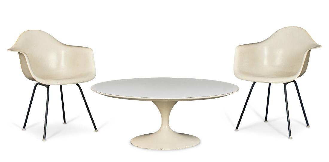 Charles Eames for Herman Miller chairs and Knoll: Charles & Ray Eames for Herman Millerchairs, pairZeeland, MIfiberglasswith a Knoll Saarinen table, 15"h x 42"diachairs: 31.5"h x 23"d x 25"w