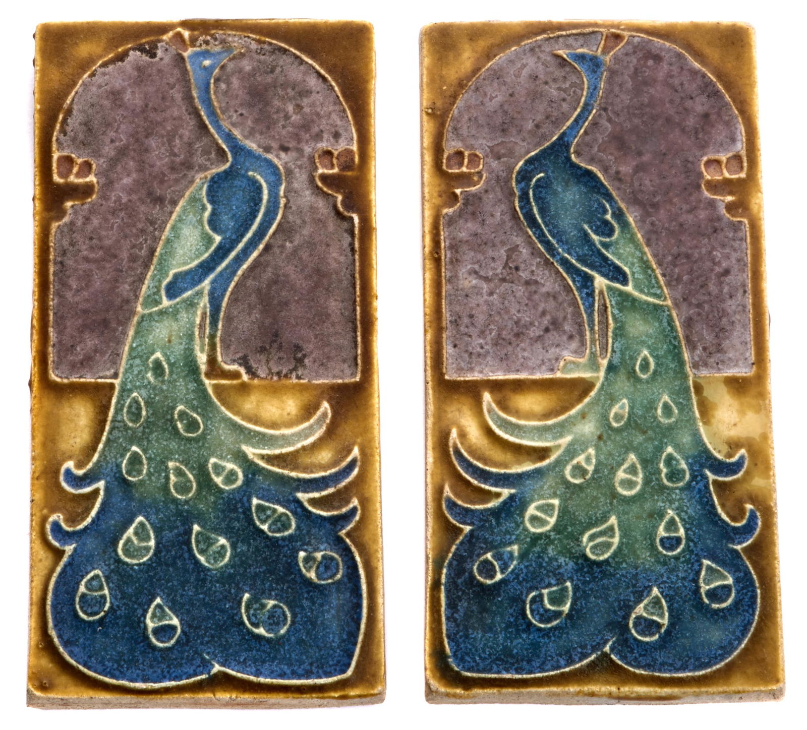 Art Nouveau tiles: Peacock tiles, twoEuropeanglazed ceramicunmarkedeach: .25"h x 4"l x 2"w