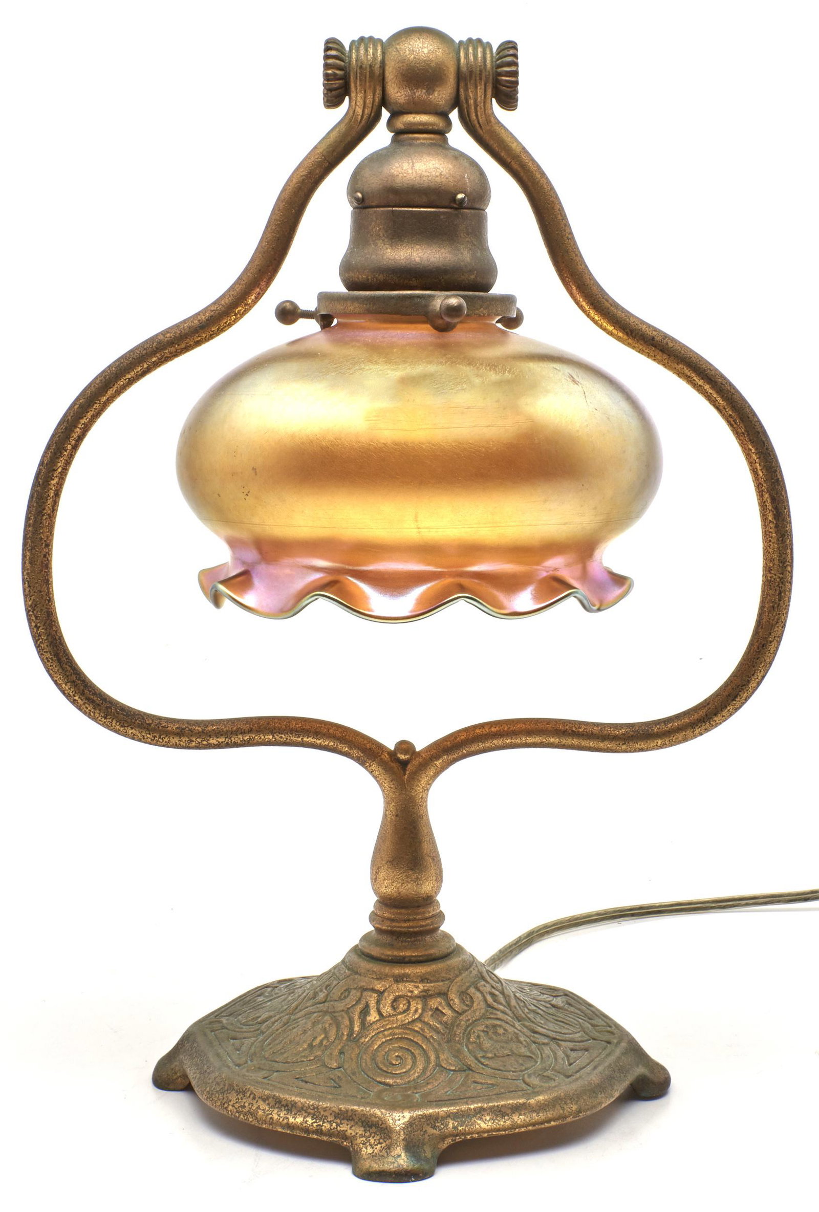 Tiffany Studios Zodiac Harp lamp: Tiffany Studios Zodiac Harp lamp New York, NY bronze, Quezal shade shade signed, base with impressed marks 13"h x 9.5"w
