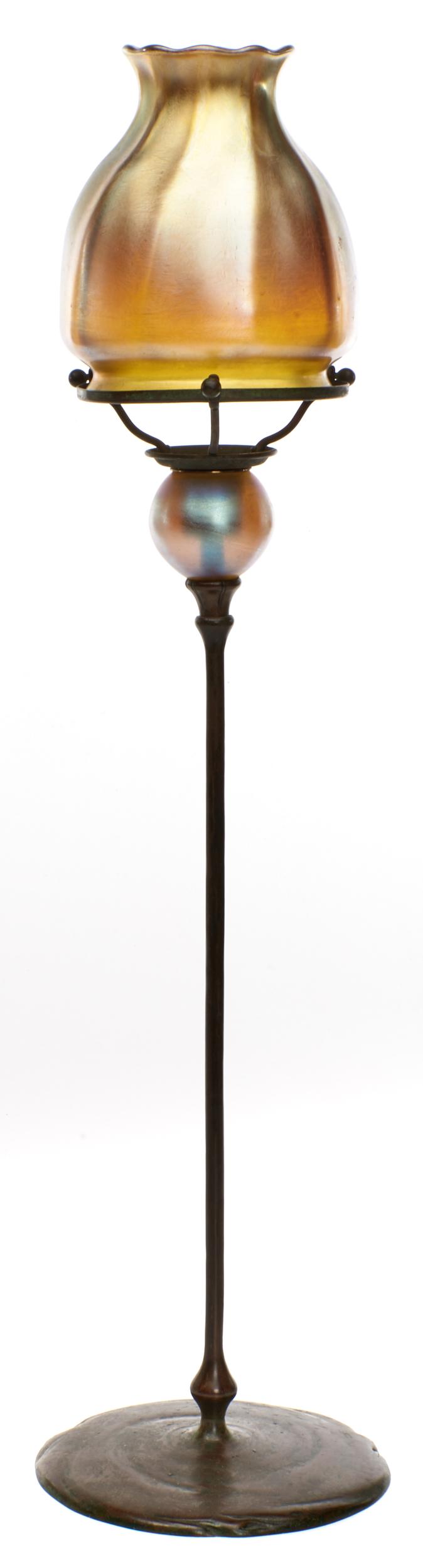 Tiffany Studios candlestick: Tiffany Studios candlestick New York, NY bronze, Favrile glass base with impressed marks, shade signed 22.5"h x 6"dia