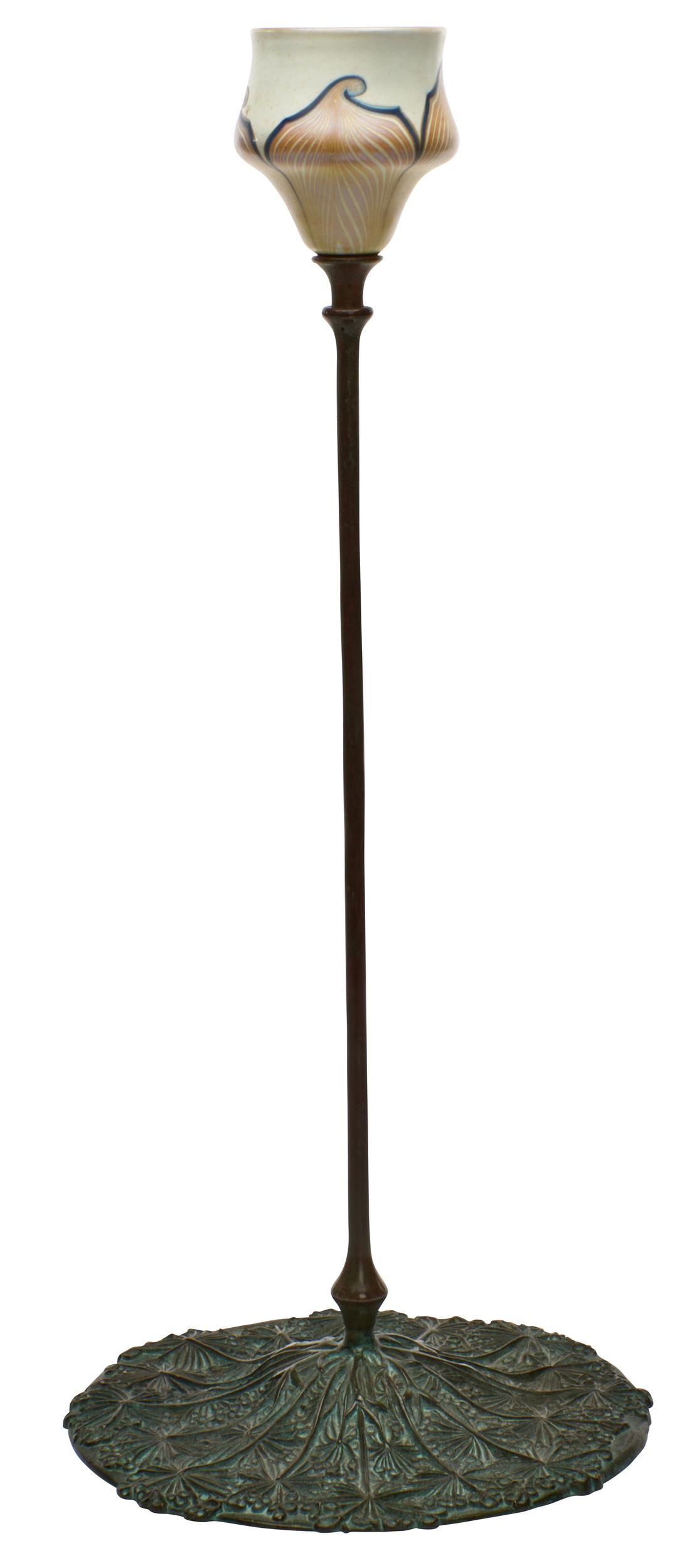 Tiffany Studios Queen Anne's Lace candlestick: Tiffany Studios Queen Anne's Lace candlestick New York, NY bronze, Favrile glass impressed marks 18.5"h x 8"dia