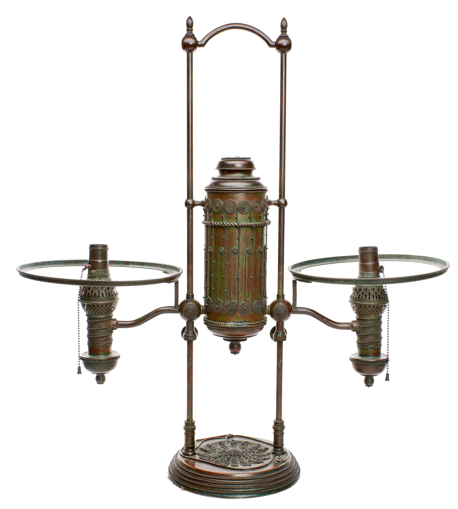Tiffany Studios lamp base: Tiffany Studios Double Student lamp base New York, NY bronze impressed marks 29.5"h x 27"w